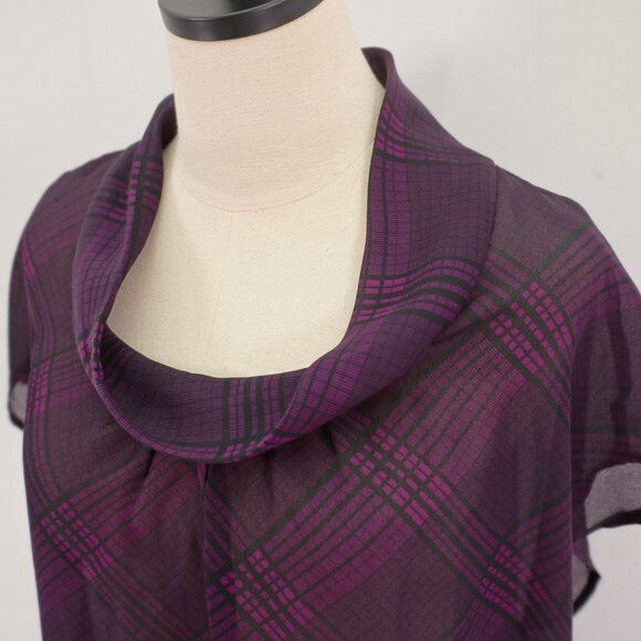 Apostrophe Sheer Purple Plaid Rolled Neck Poncho Blouse Top Sleeveless XL Polyes - Picture 2 of 8
